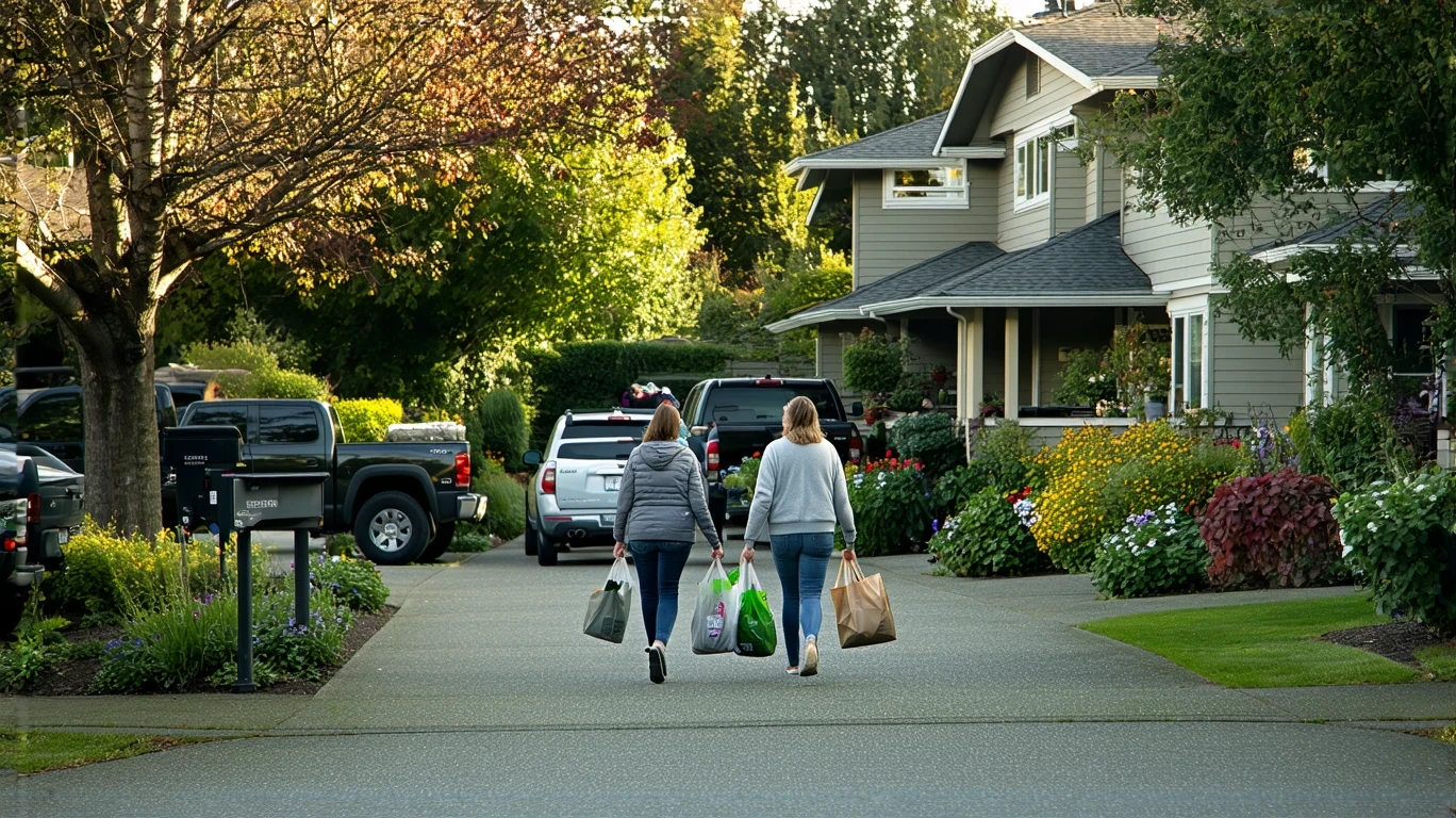 A couple carrying groceries up the driveway of their craftsman home in Bothell, WA