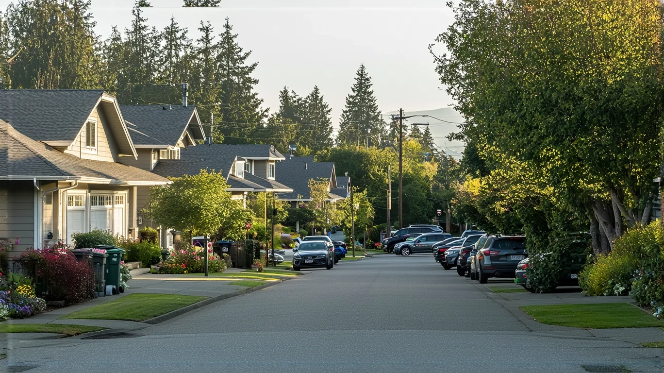 Quiet residential street in Edmonds, WA with craftsman-style homes and tidy yards on a sunny day.
