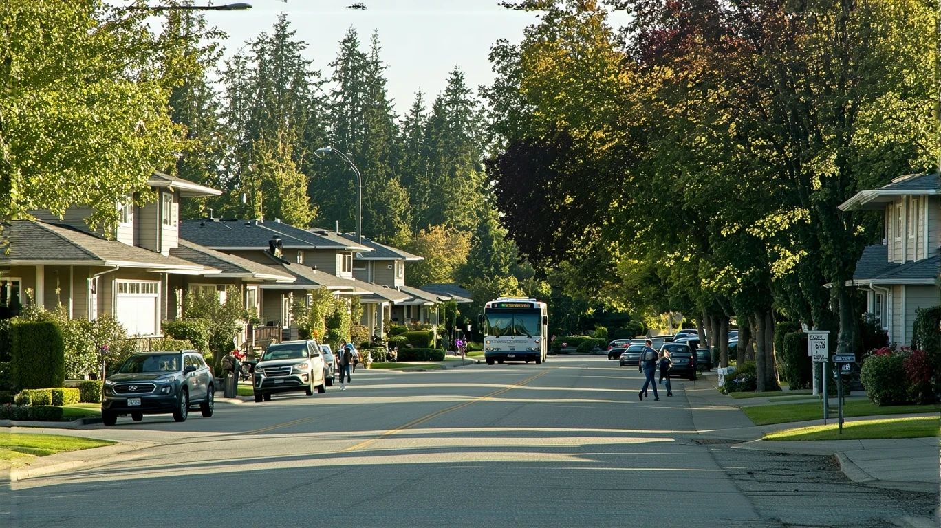 A Community Transit bus driving past craftsman homes on a residential street in Lynnwood, Washington