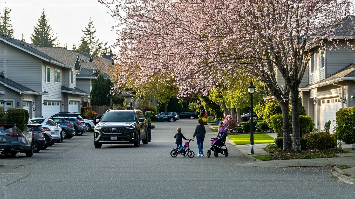 A family walks down a sidewalk lined with craftsman homes and cherry trees in Federal Way, Washington.