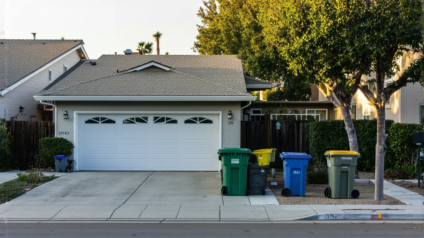 Exterior view of a suburban home's front yard with a driveway and recycling bins out for pickup in Carlsbad, California on a sunny morning.