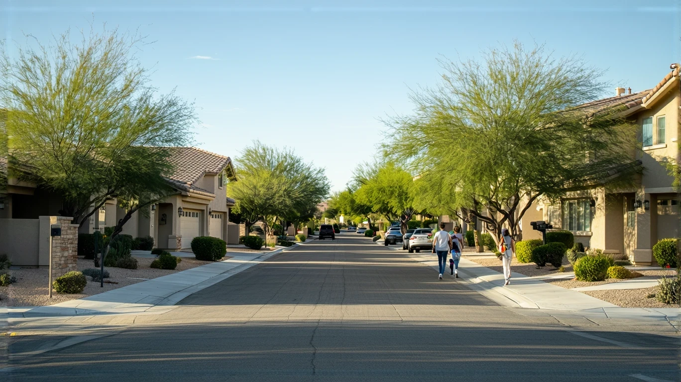 Residential street in Tempe with stucco homes, desert landscaping, and a young couple walking