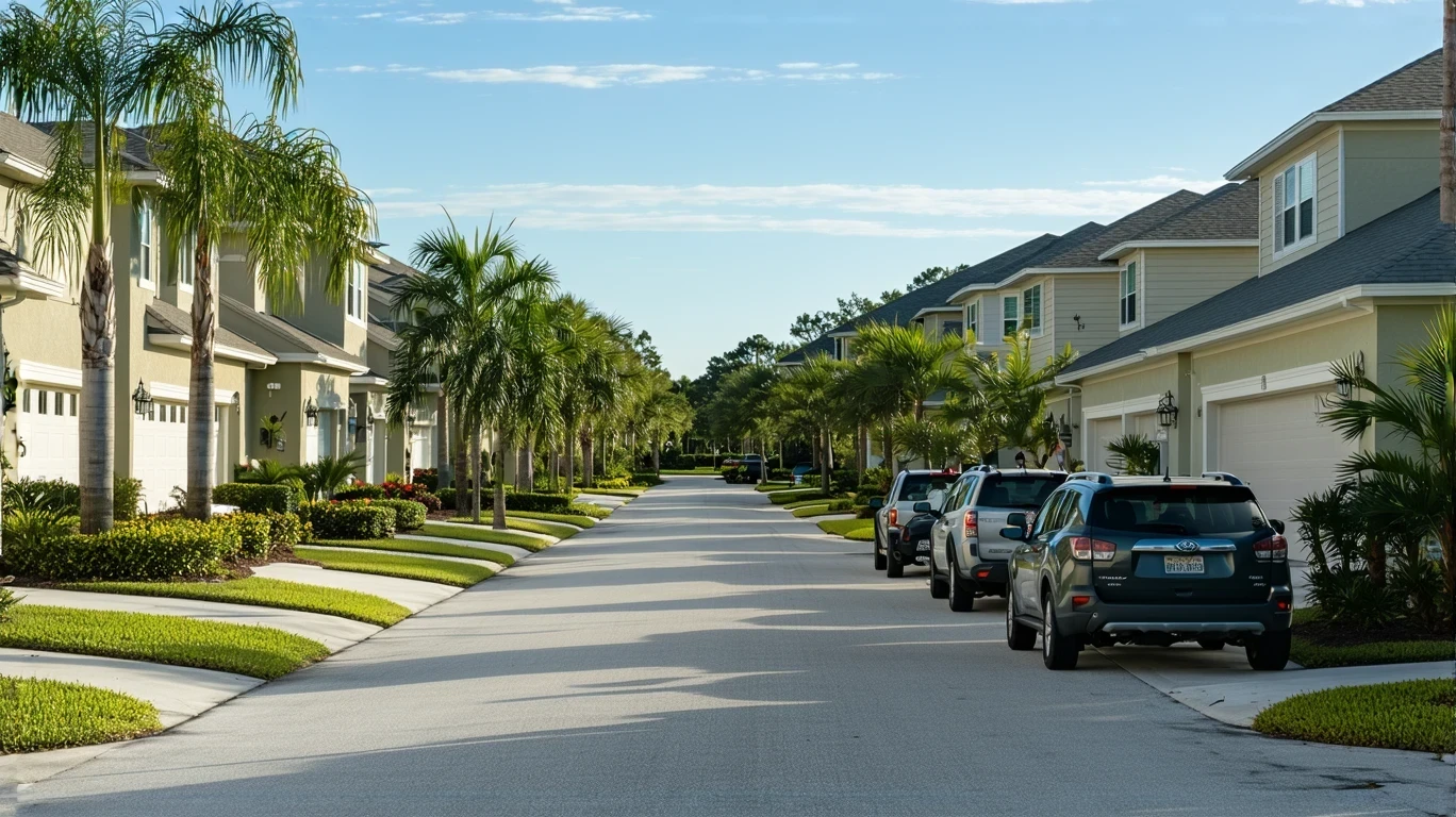 A suburban street in Wesley Chapel, Florida with stucco homes, landscaped yards, and parked cars.