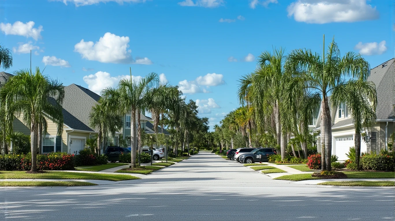A tree-lined residential street in St Petersburg with craftsman-style homes and tropical landscaping on a sunny day.