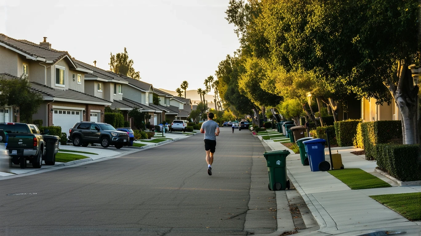 Suburban street in Poway, CA with red-brick houses, trash bins on the curb, and a jogger running past.
