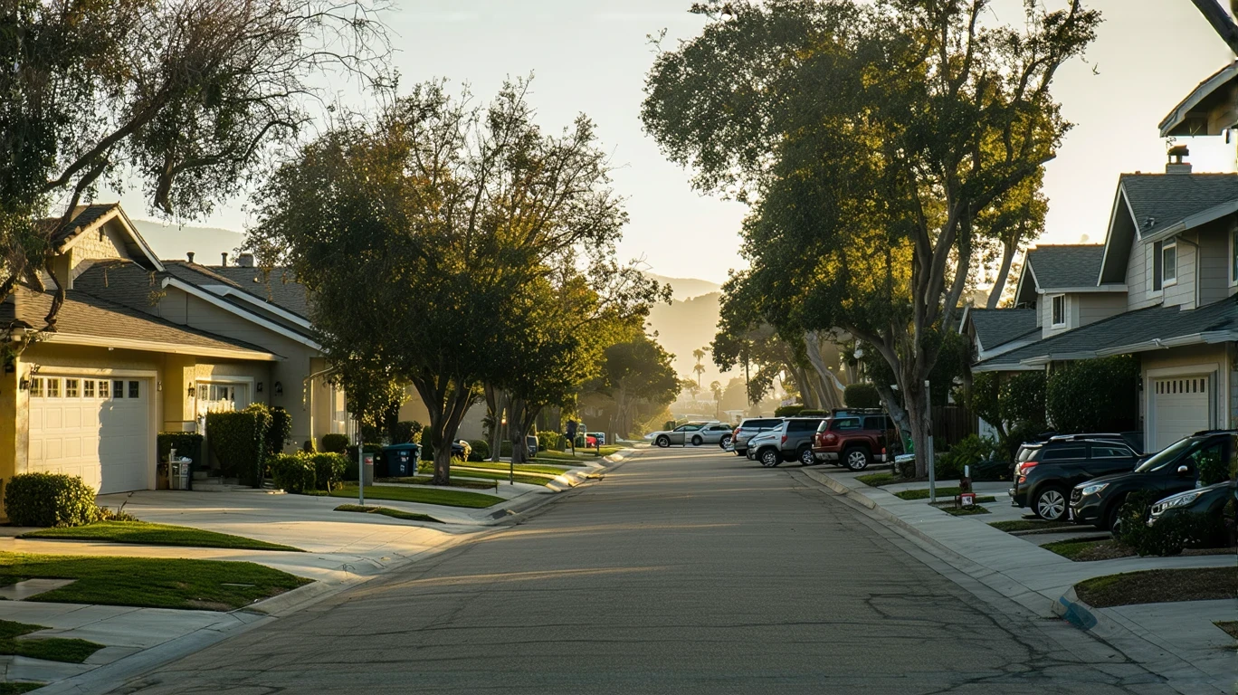 Residential street in Oceanside, CA with single-story stucco homes and long morning shadows.