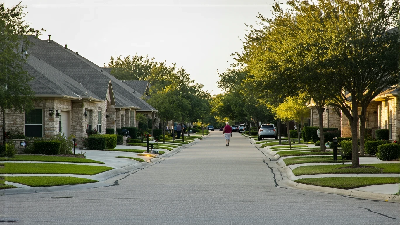 A senior couple walking down a quiet suburban street lined with modest homes and mature trees in New Braunfels, Texas.