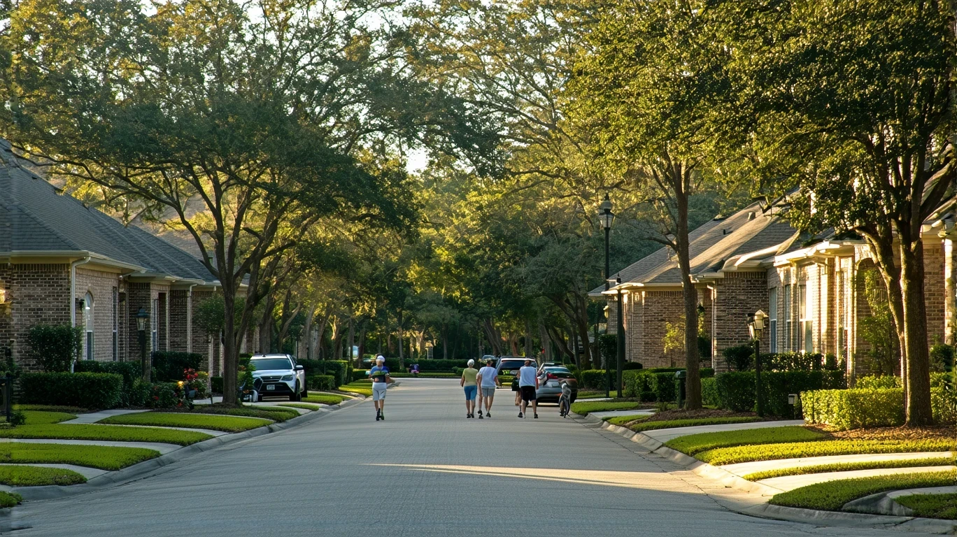 A tree-lined street in The Woodlands, Texas with well-maintained homes and a retired couple walking their dog on the sidewalk.