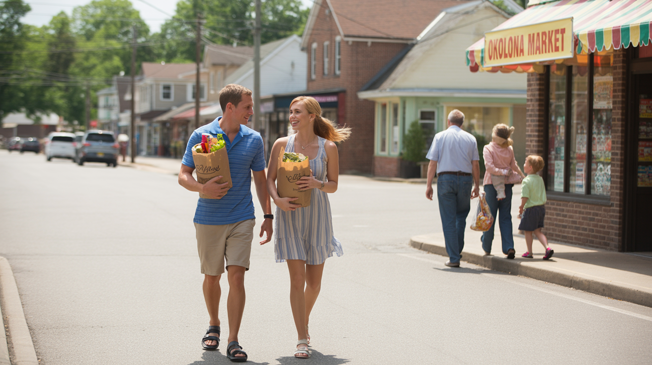 Two friends leaving Okolona Market grocery store on a sunny day, discussing dinner plans.