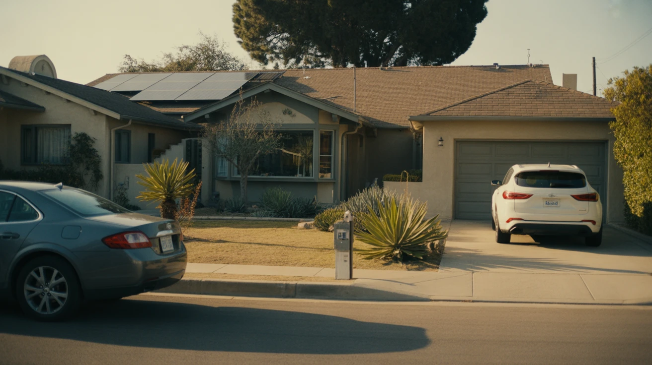 Exterior view of a modern, eco-friendly home in a quiet San Marcos neighborhood with drought-tolerant landscaping, solar panels, and fuel-efficient cars in the driveway.