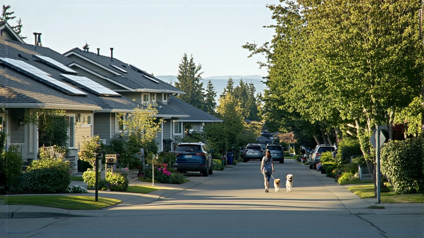 Residential street in Kirkland, WA with craftsman-style homes and solar panels on a sunny day