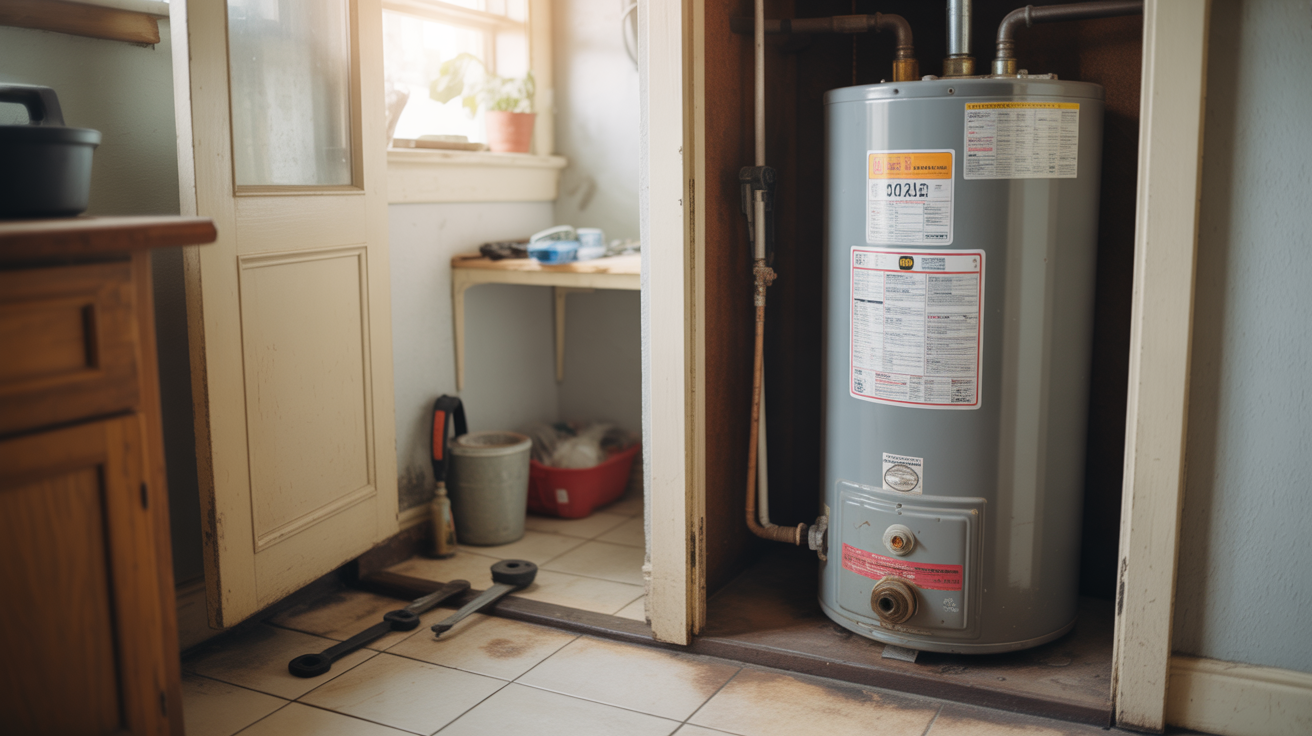 A slightly open closet door revealing a water heater with stickers, a wrench on a shelf, and a scuffed tile floor.