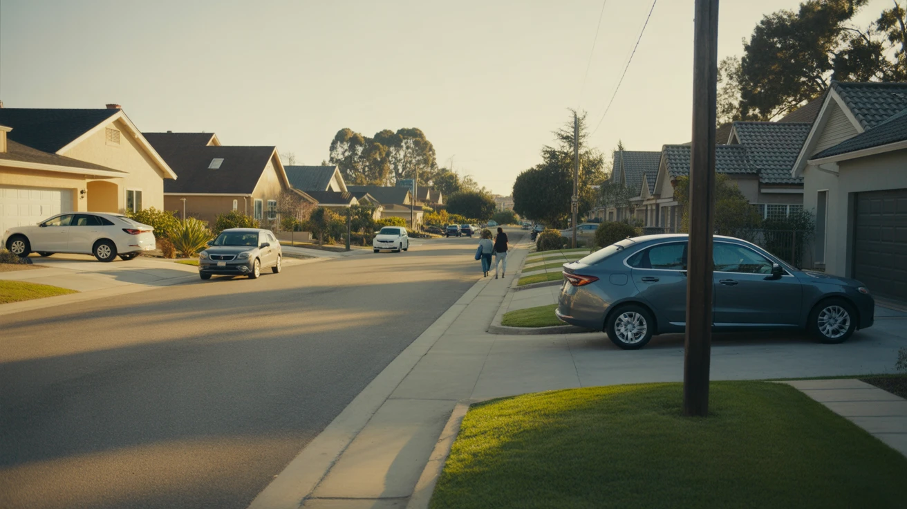 A quiet suburban street in Vista, California lined with modest single-family homes and a few parked cars.
