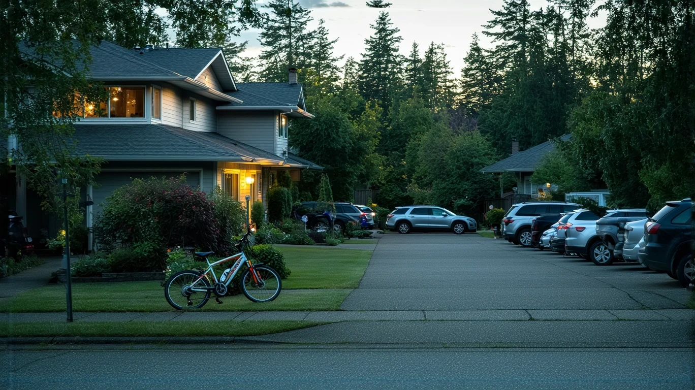 A Kent, WA neighborhood at dusk, with porch lights on and a bicycle by the curb