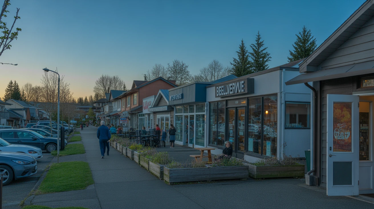 Bellevue, Washington neighborhood shops at dusk with a few people on the sidewalk