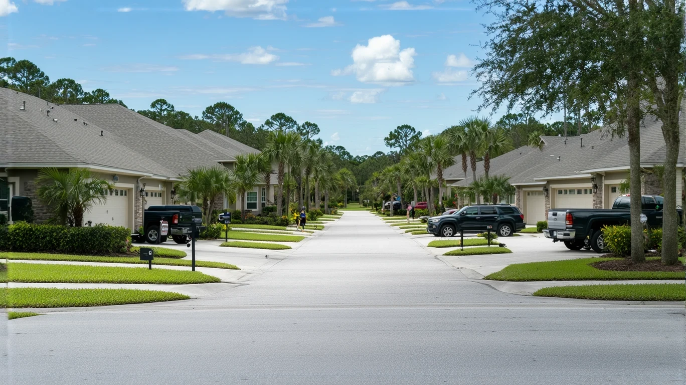 A sunny suburban street in Ocoee, Florida with modest homes, tidy yards, and a woman walking her dog.