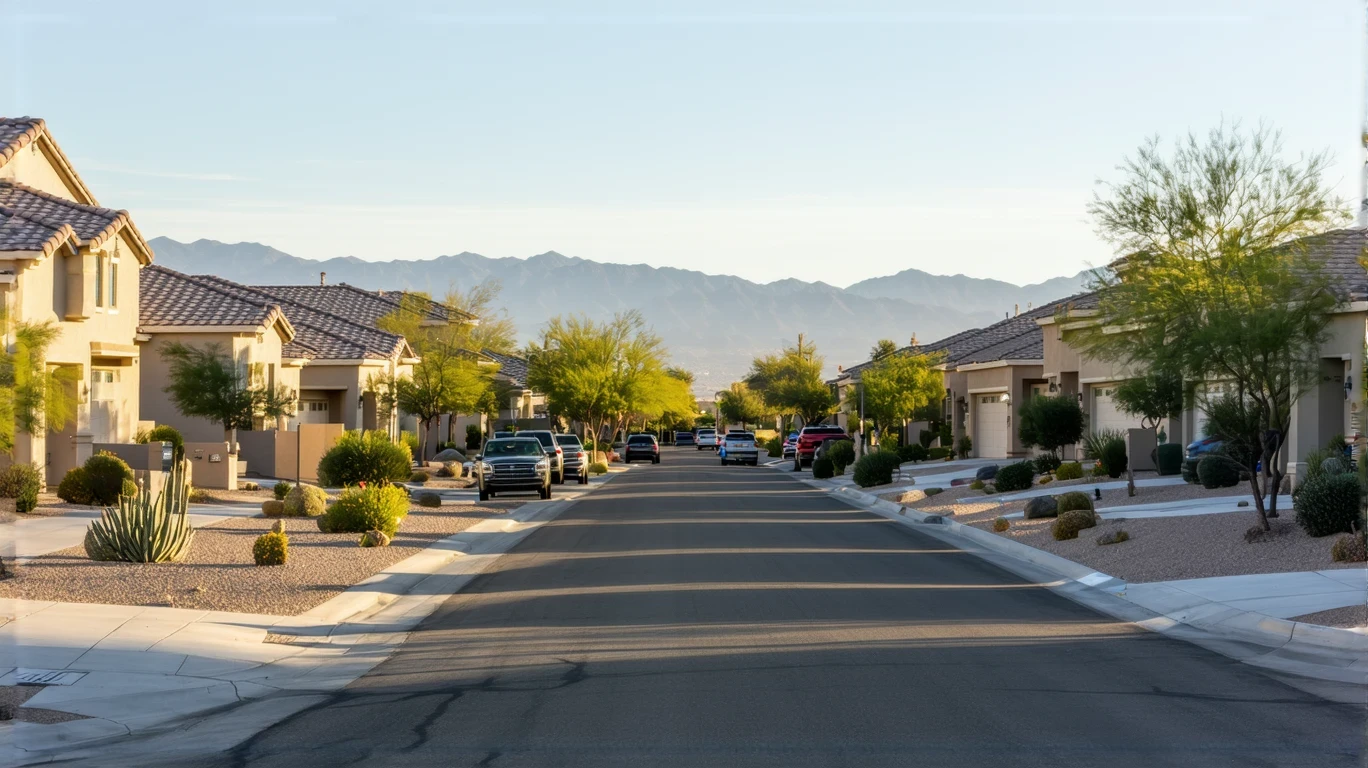 A suburban street in Summerlin South with stucco homes and desert landscaping