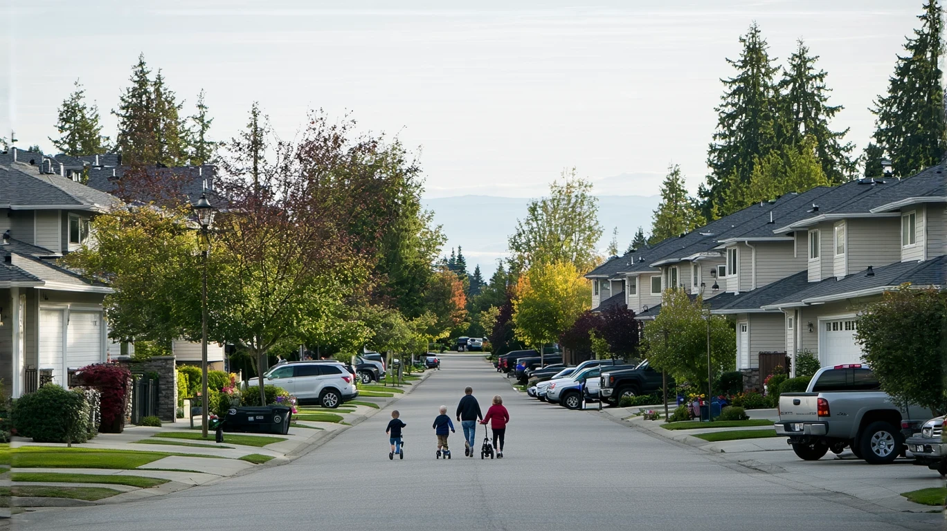 A family walks along a sidewalk lined with craftsman homes and evergreen trees on a quiet suburban street in Everett, Washington.