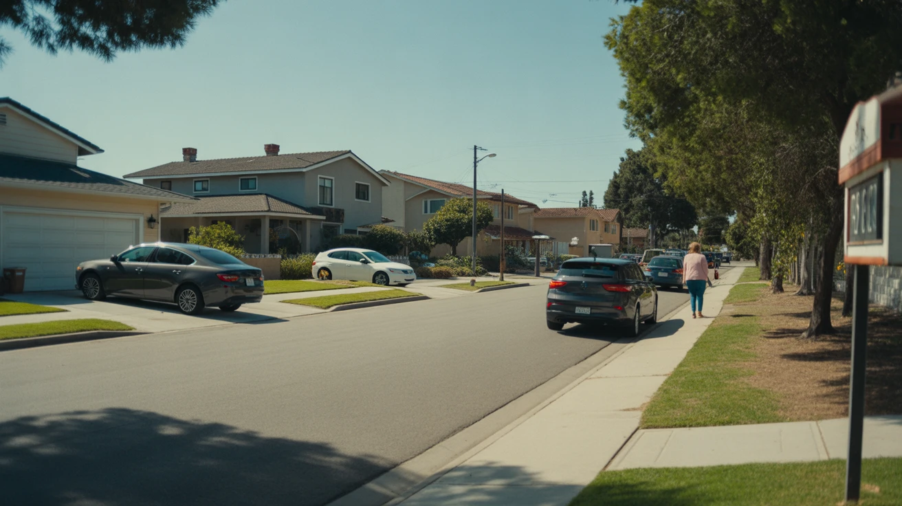 A sunny residential street in Vista, California lined with single-family homes, parked cars, and sidewalks.