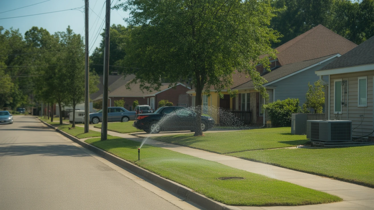 Suburban homes with sprinkler and AC unit visible on a sunny day in Gallatin, TN