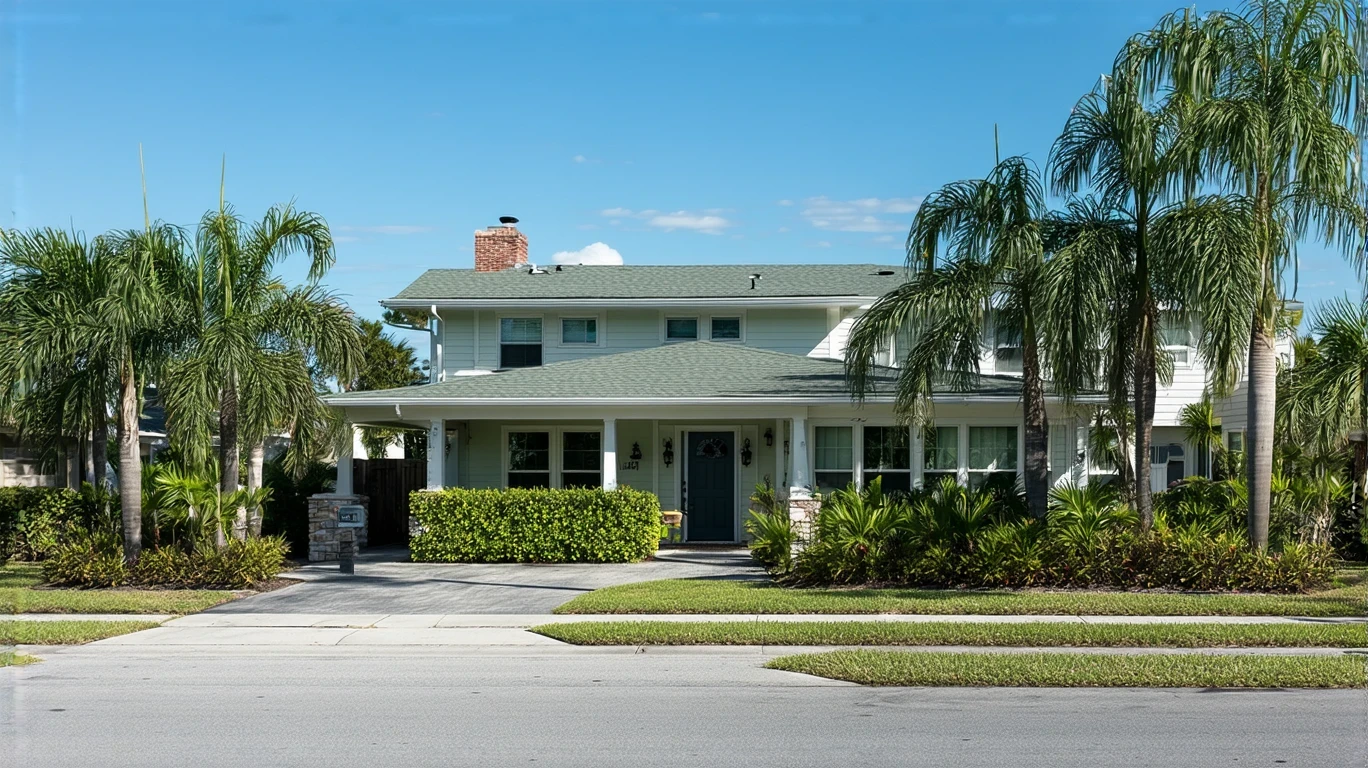 Exterior view of a craftsman-style home in Clearwater, Florida with landscaped yard and driveway.
