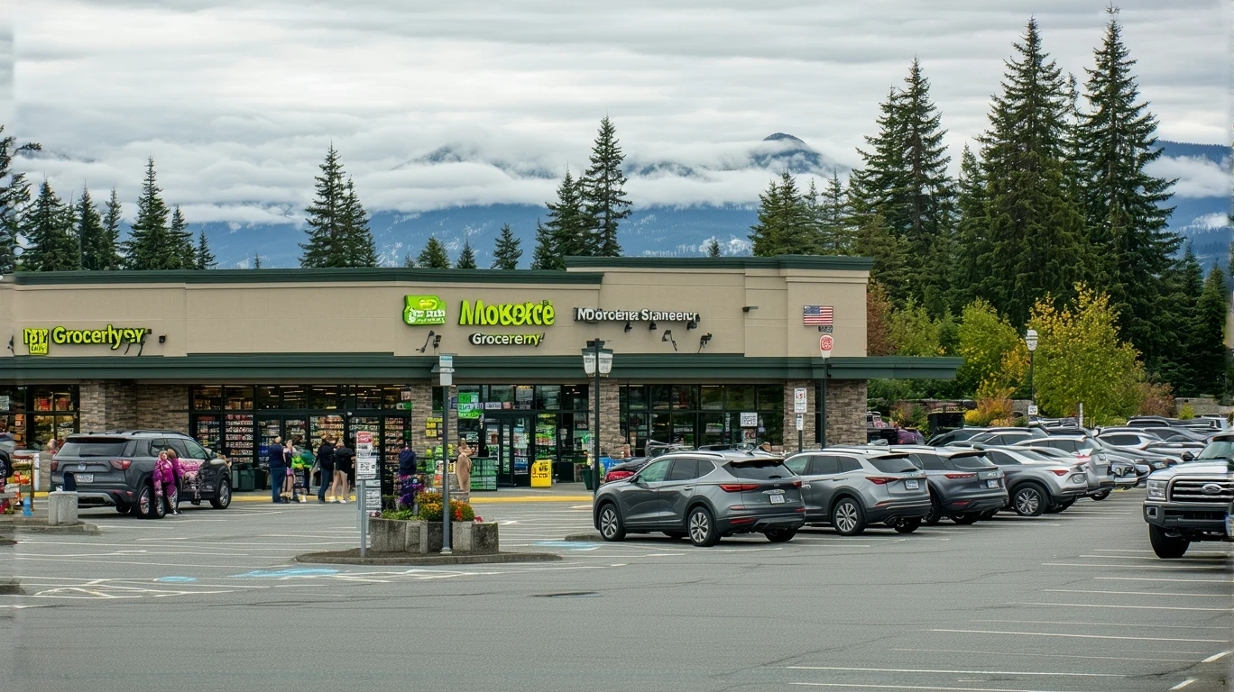 Exterior view of a grocery store in Sammamish, Washington with shoppers walking in and out on a partly cloudy day
