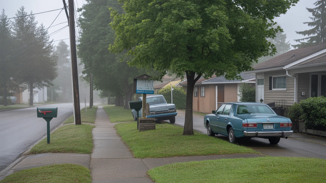 Foggy morning street in an affordable suburban neighborhood with older homes and cars.
