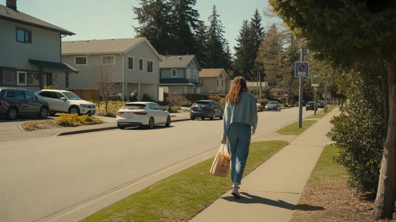 A woman carrying groceries walks down a residential street lined with modern homes and parked cars in Bellevue, Washington.