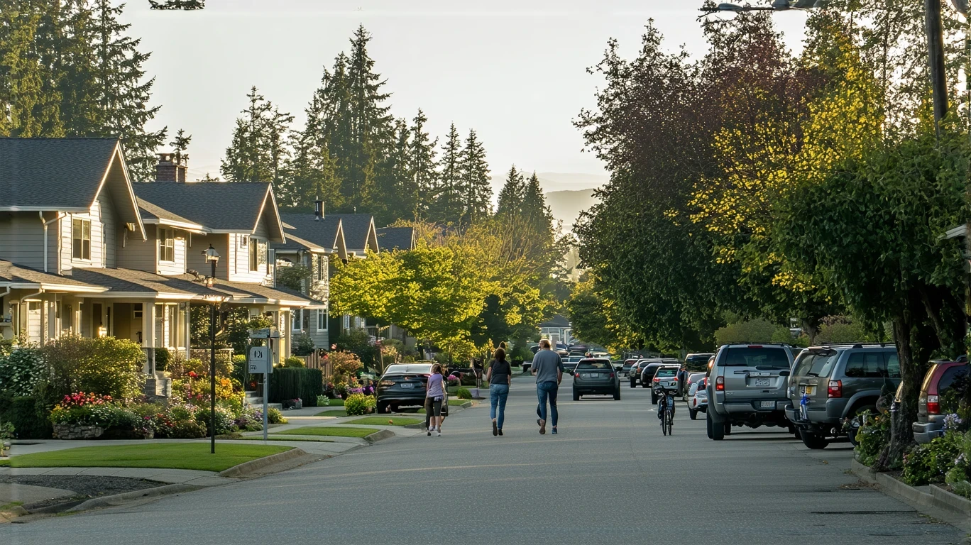 A suburban street in Shoreline, WA with craftsman-style homes, residents walking and gardening, and parked cars on a sunny day.