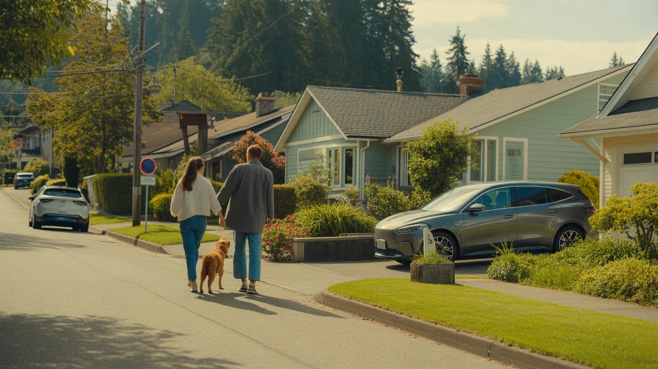 A couple walking their dog on a sidewalk in a residential Renton neighborhood with craftsman-style homes and an electric car parked in a driveway.