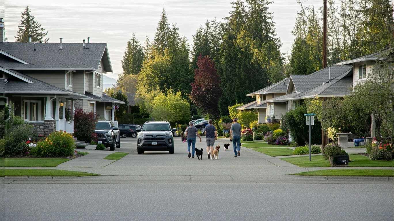A quiet residential street in Lynnwood, WA with craftsman homes, a couple walking their dog, and a parked Prius in a driveway.