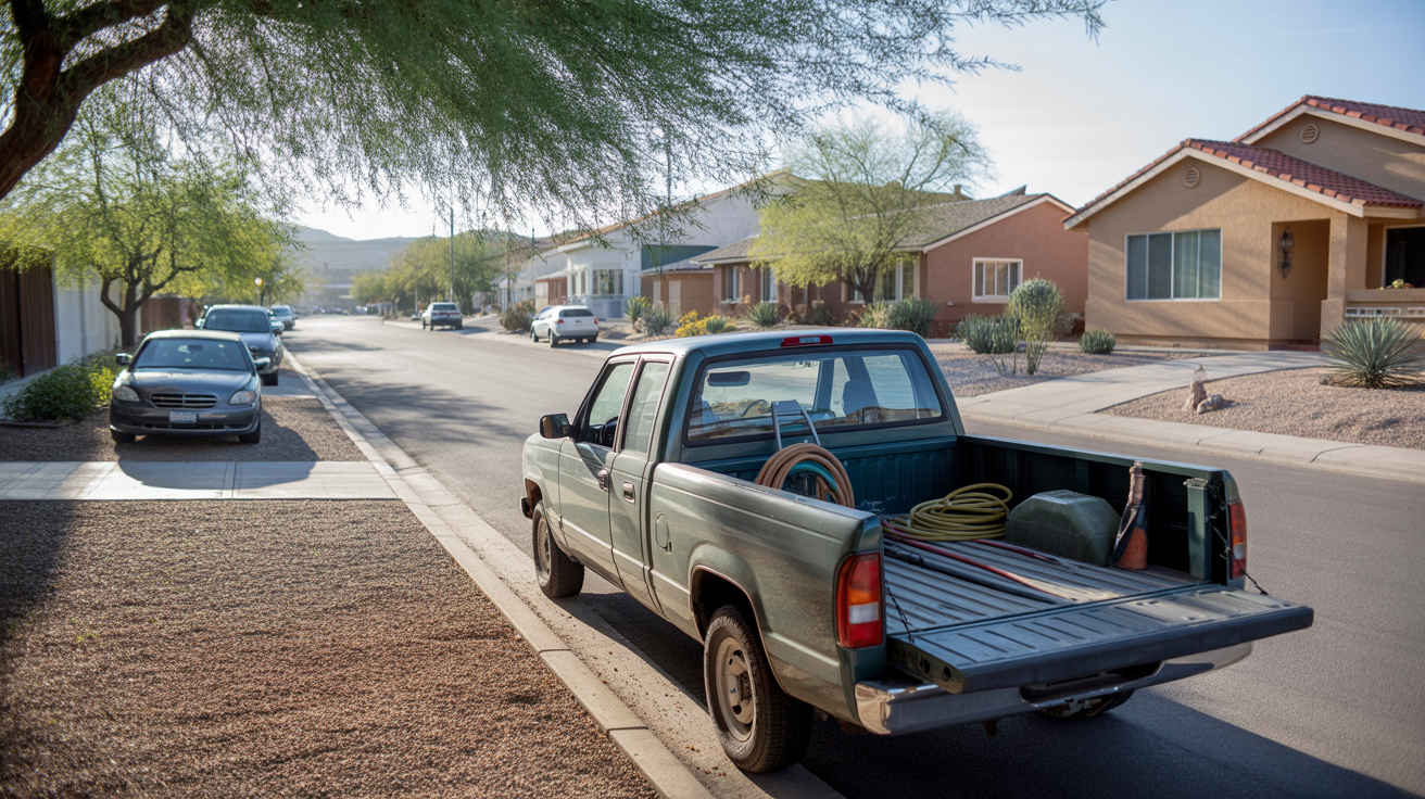 A residential street in Boulder City, NV with modest houses, desert landscaping, and a pickup truck parked in front.