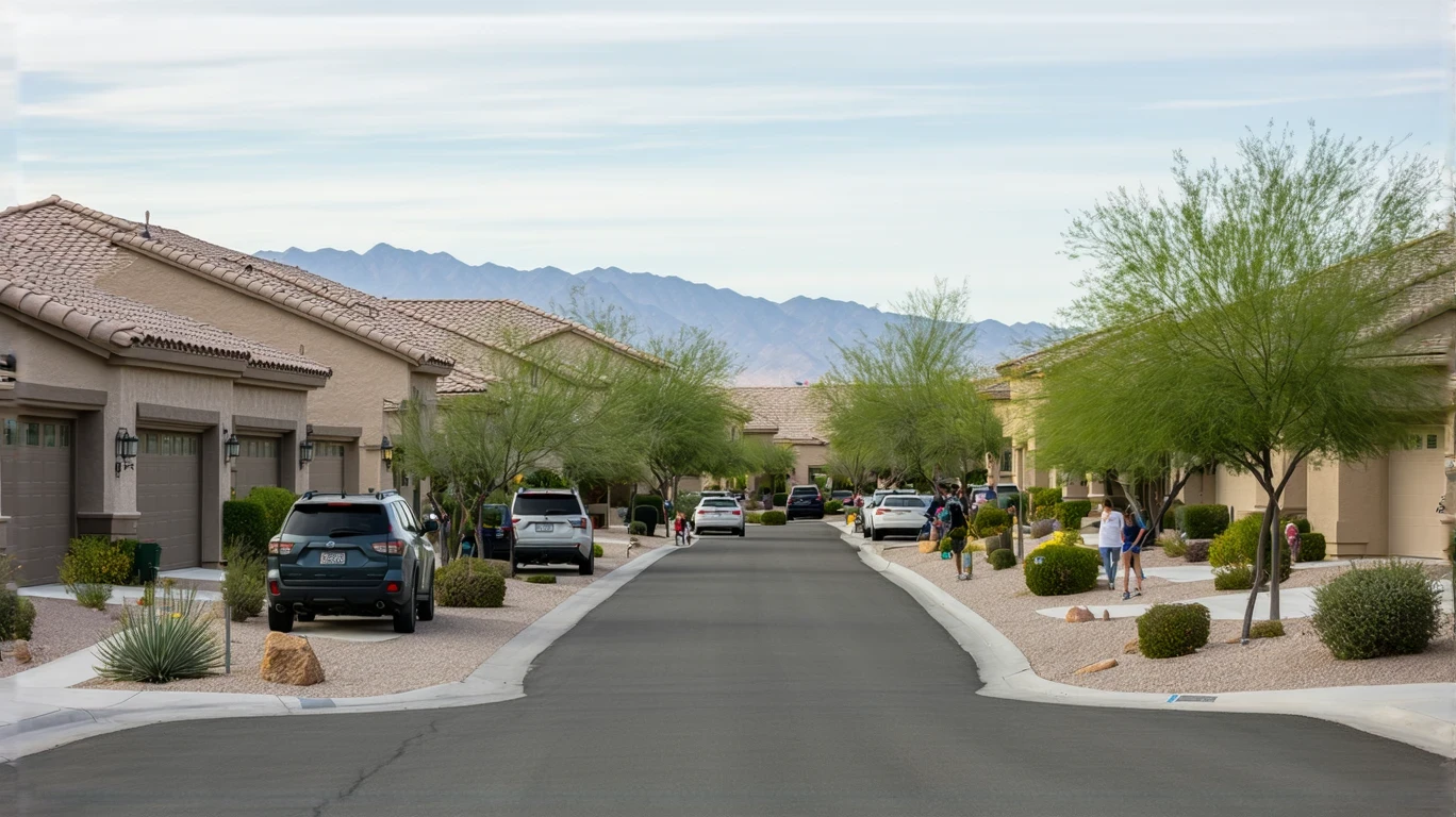 A quiet suburban street in Summerlin South, Nevada, with stucco homes, xeriscaped yards, and a young family walking on the sidewalk.