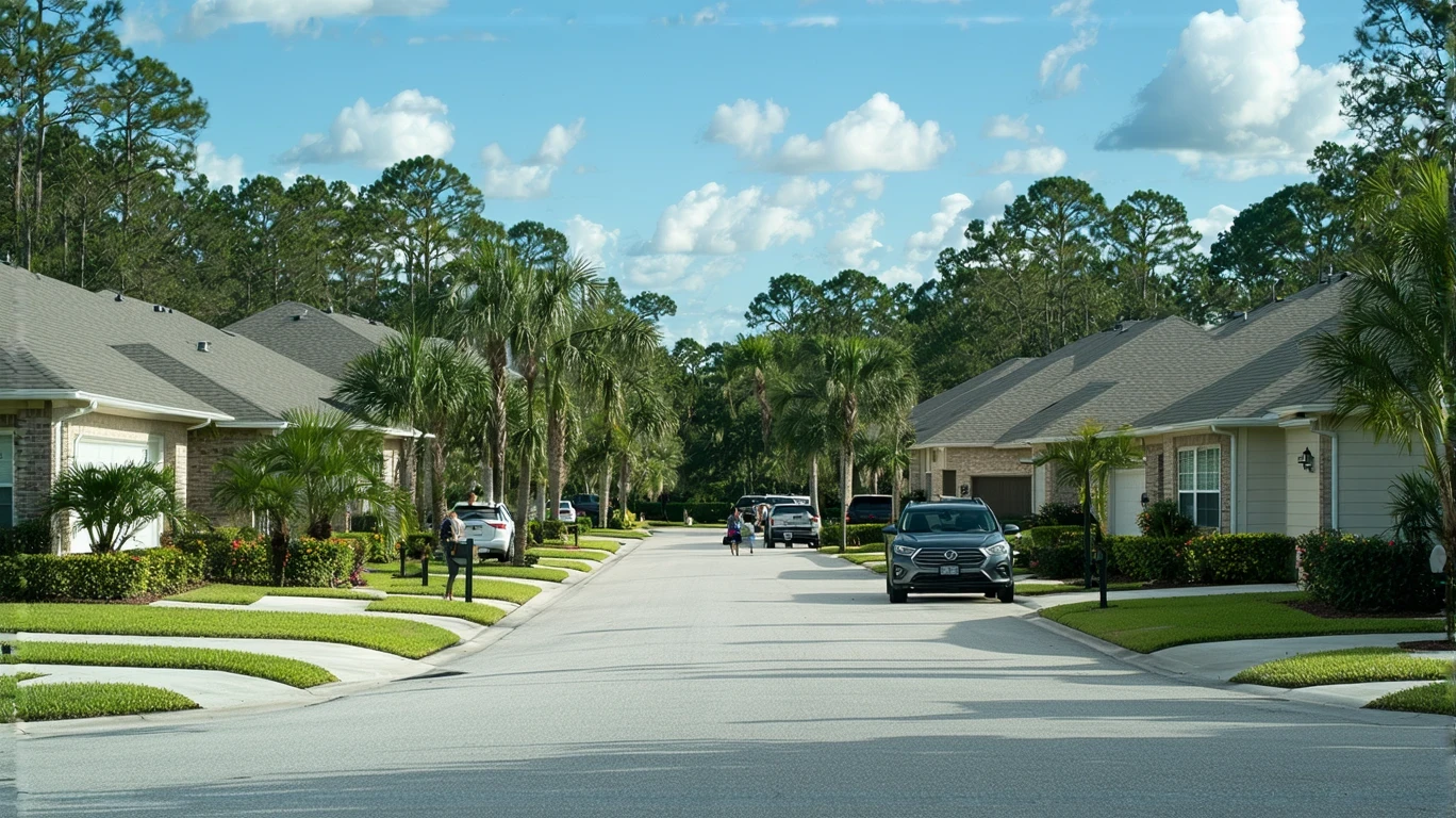 A sunny street in an Apopka neighborhood with craftsman-style homes, tropical landscaping, and residents walking and gardening.