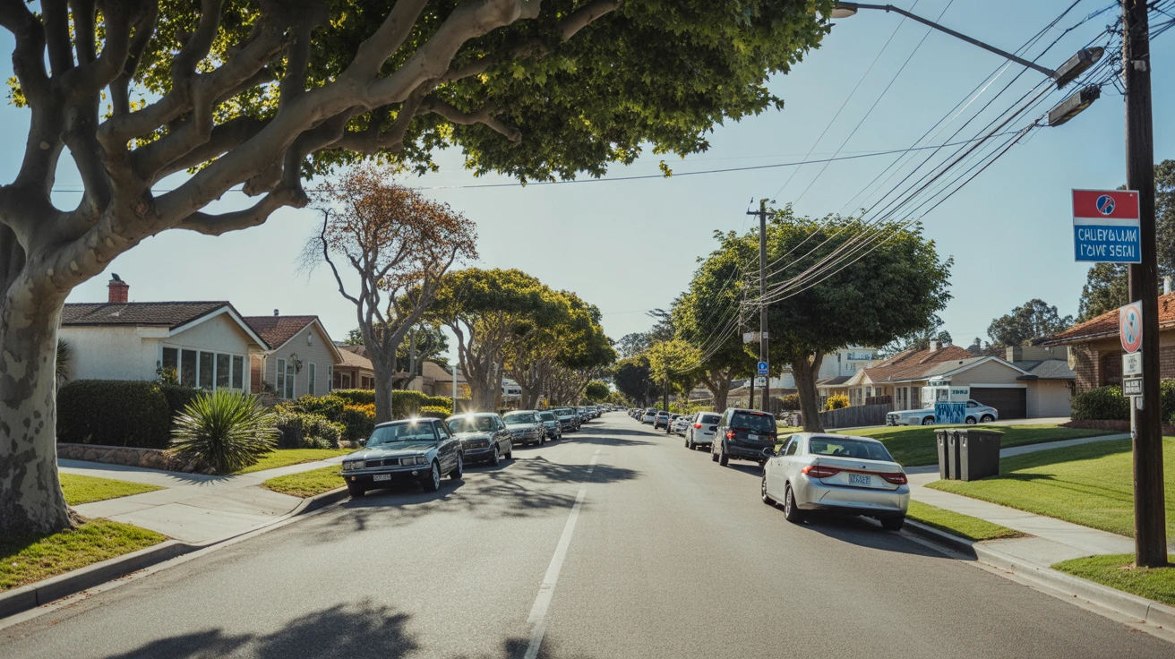 Quiet residential street in Chula Vista, California on a sunny day with maple trees and parked cars