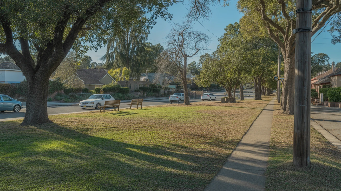 Tranquil park in Escondido, California with oak trees, empty benches, and golden hour light on the grass