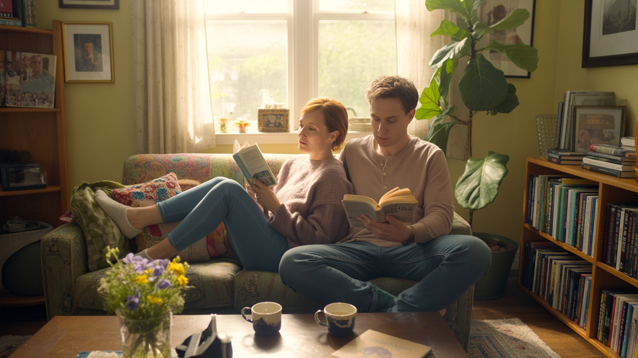 A couple reads together in a cozy, sunlit living room in their Okolona, KY home.