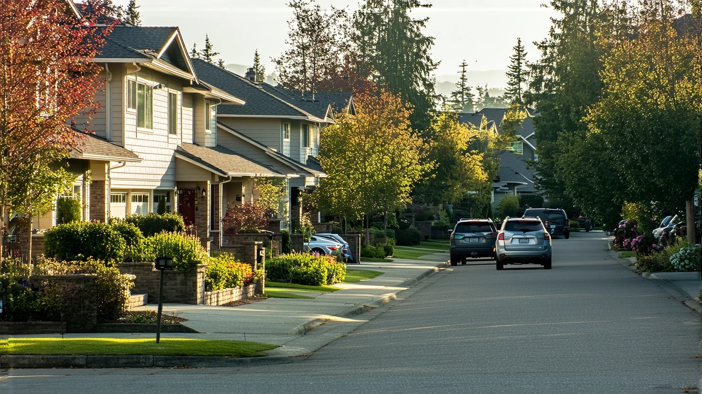 A peaceful suburban street in Redmond, WA on a sunny morning, with modern homes and landscaped yards.
