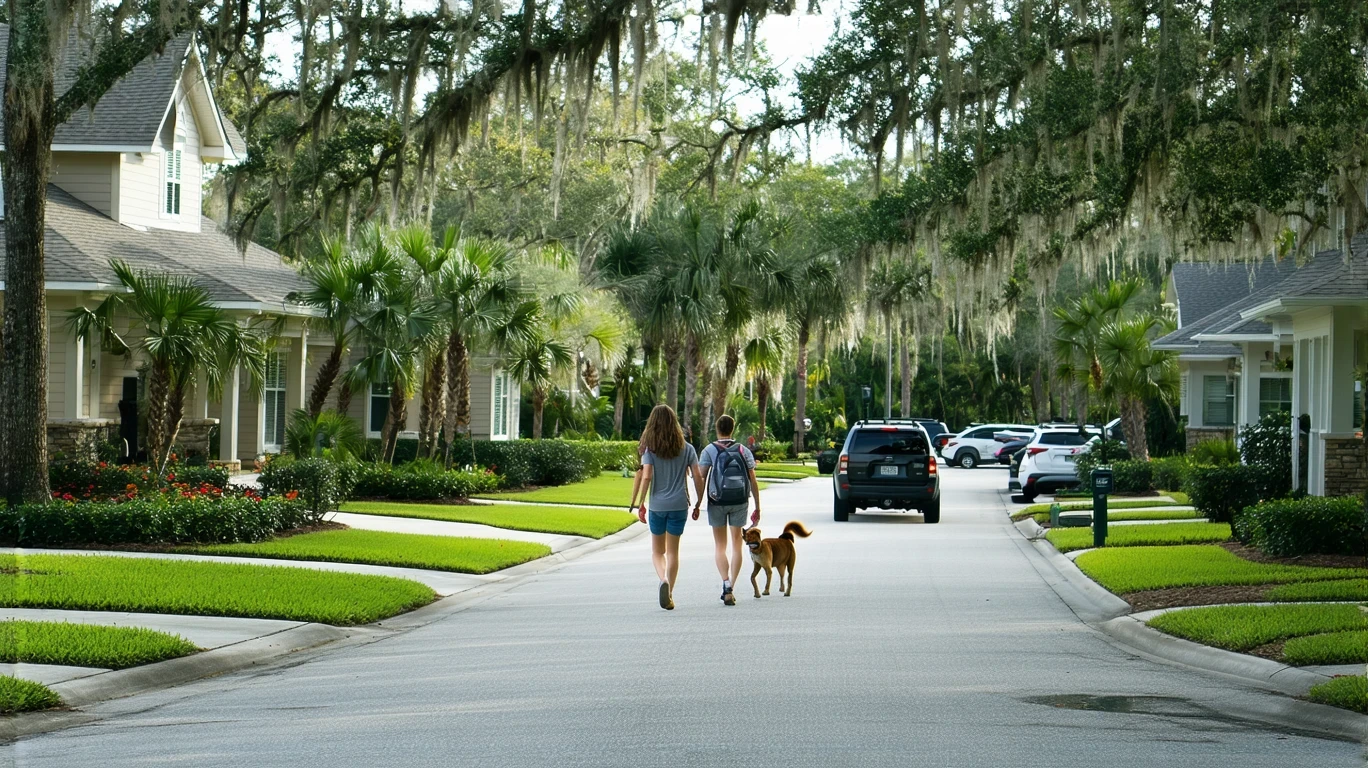 Suburban street in Lutz, Florida with craftsman style homes, tidy lawns, a couple walking their dog, and a community playground visible.