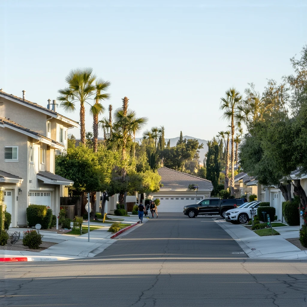 Residential street in Santee, California with modern single-family homes, landscaped yards, parked cars, and a person walking on the sidewalk.