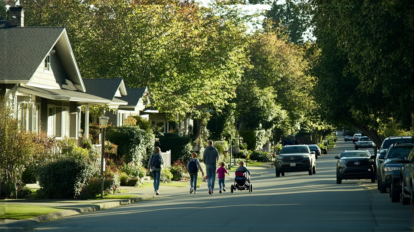 A young family walks along a sidewalk in a quiet residential neighborhood in Auburn, Washington on a sunny day. Modest craftsman-style homes and tidy landscaping are visible.