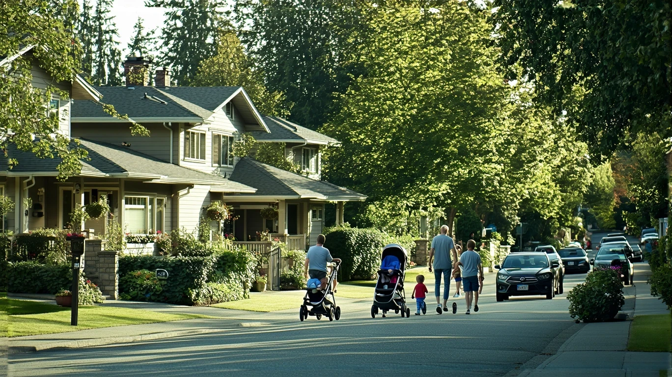 A residential street in Bothell, Washington with craftsman-style homes, a family walking on the sidewalk, and mature trees lining the street.