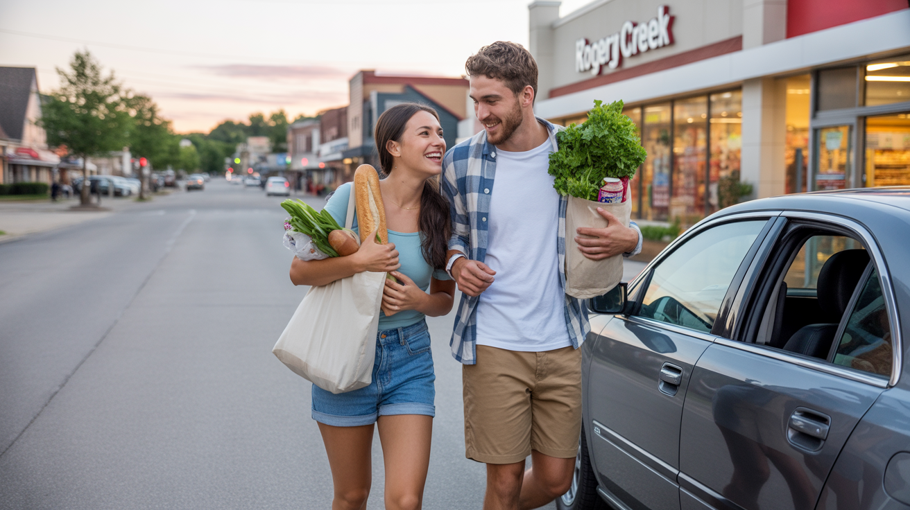 A couple walks out of a Kroger in Fern Creek, KY carrying groceries and laughing together.