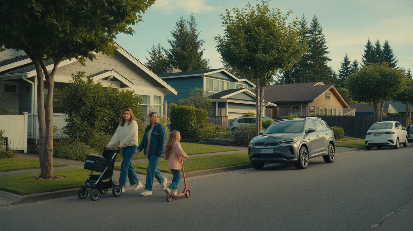 A sunny residential street in Renton, WA with craftsman homes, a young family walking, and an electric SUV parked in a driveway.