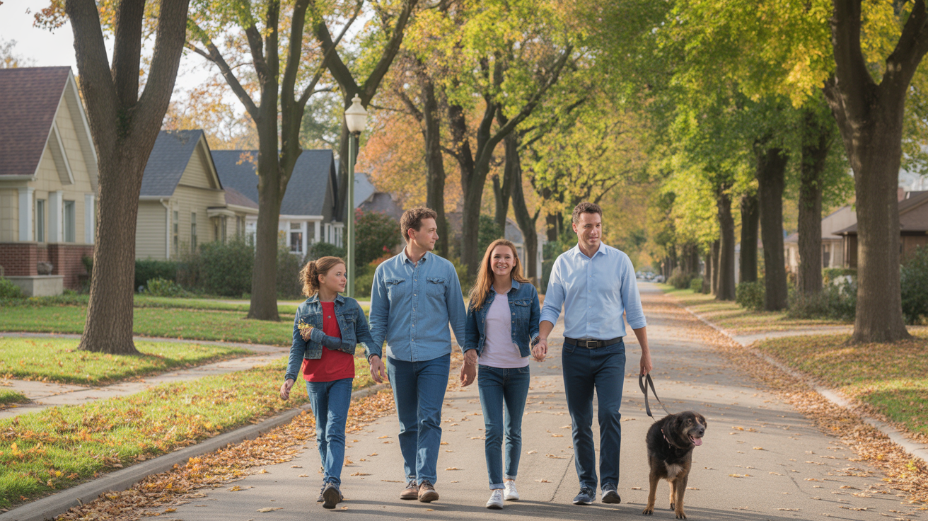 A family walks their dog on a peaceful suburban street in Skokie, IL surrounded by fall colors.