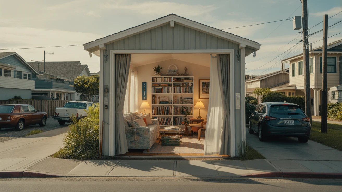 A sunlit living room with a couch and bookshelf in an Oceanside home.
