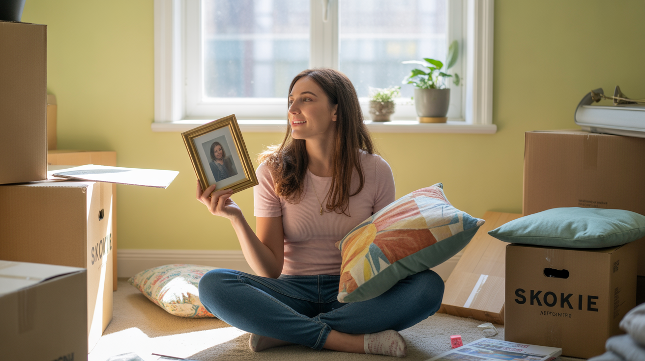 Young woman unpacking in her new Skokie apartment, surrounded by moving boxes and decor