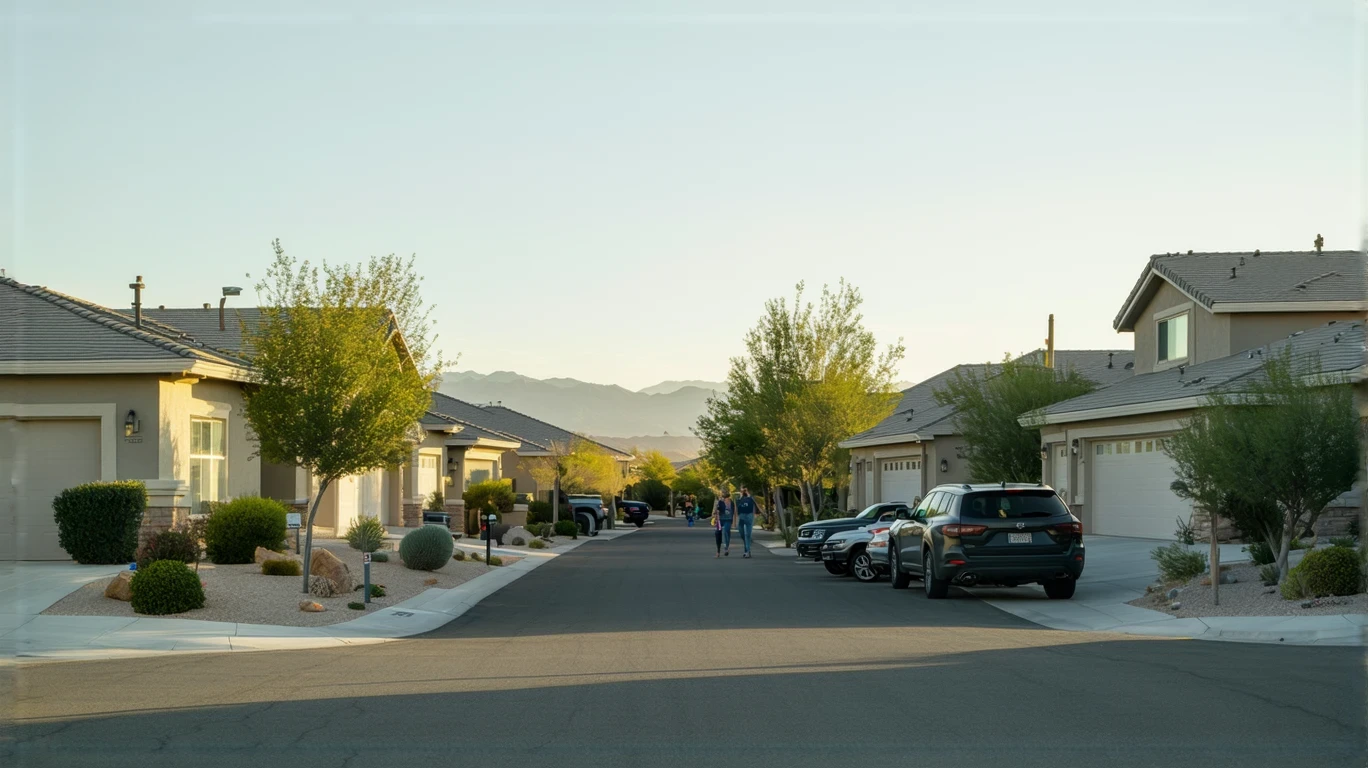 A quiet suburban street in Blue Diamond, Nevada with stucco homes, xeriscaped yards, and a couple walking their dog on the sidewalk.