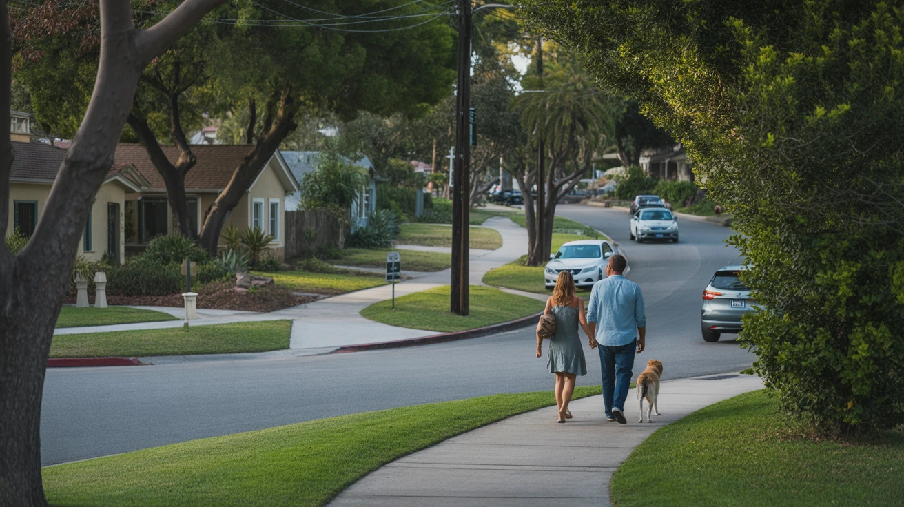 A couple walks their dog on a sidewalk curving through a tree-lined residential street in San Diego.