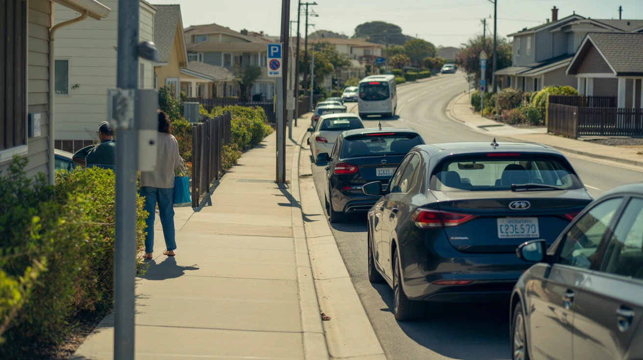 A sunny street in a Chula Vista neighborhood, with modern houses, parked cars, and a city bus visible in the distance.